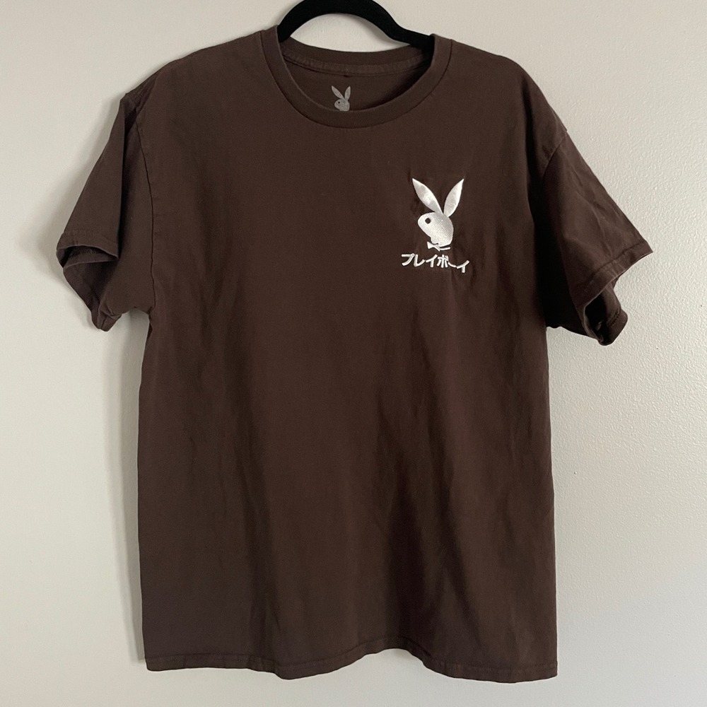 Playboy Graphic T-Shirt Mens Large Brown Japanese Katakana Cotton Streetwear